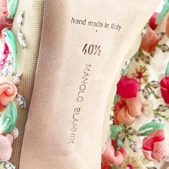 Manolo Blahnik Clizia Tan Mesh Bootie with Sequin and Floral Appliqué IT 40.5 - Picture 13 of 14